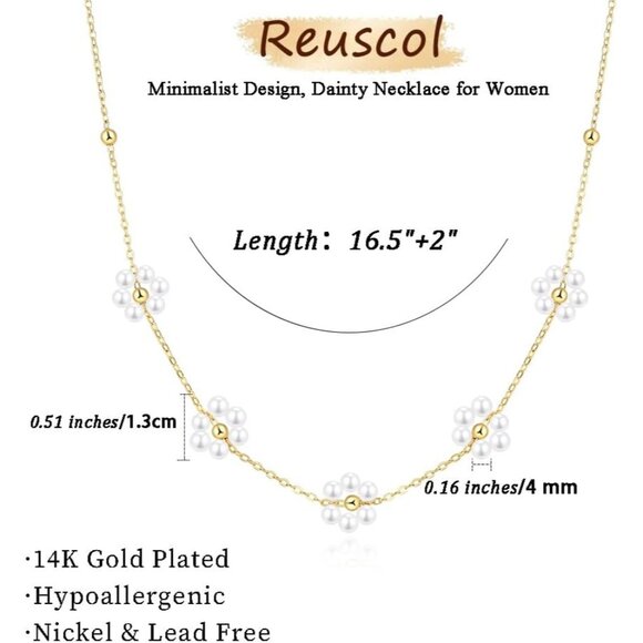 Women's Flower Gold Pearl Necklace 14k Gold Plated Dainty Pearl Necklace Choker - Picture 5 of 7